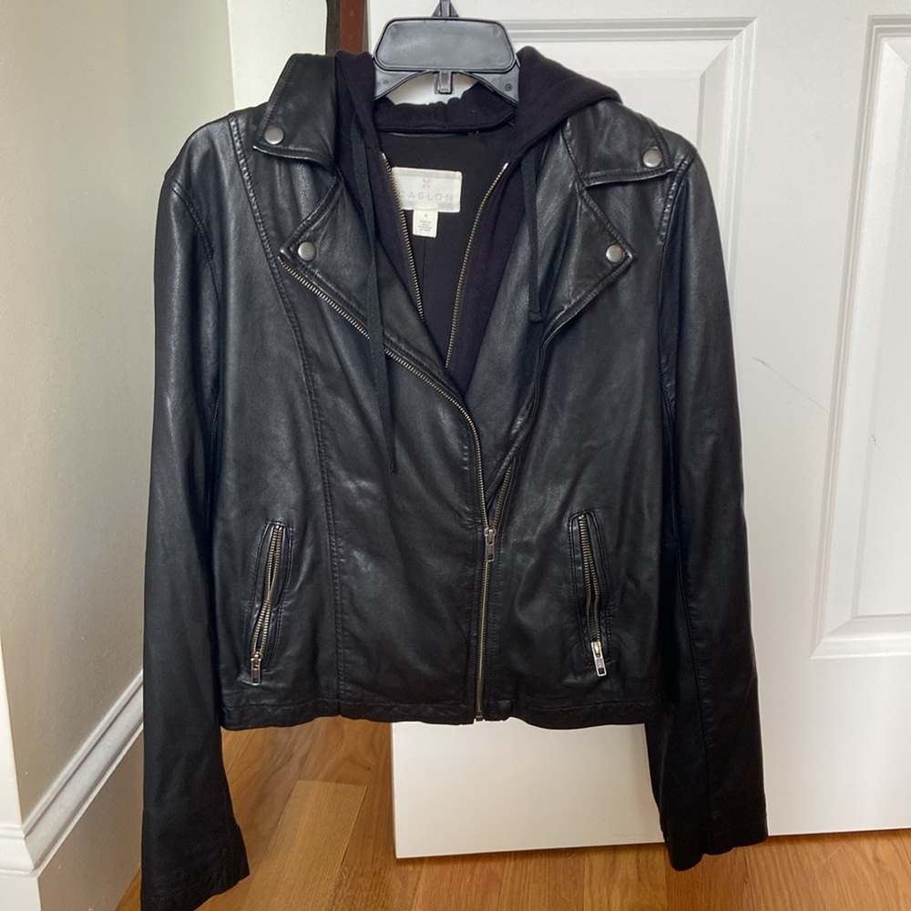Caslon black leather jacket with black hoodie sweatshirt insert you can remove